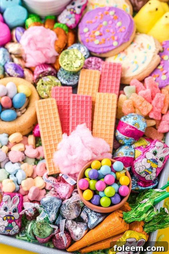 Top-down view of a vibrant Easter charcuterie board featuring a colorful array of candies, cookies, and springtime decorations.