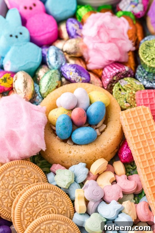 A diverse assortment of Easter candies, including chocolate eggs, jelly beans, and M&M's, ready for assembly on a charcuterie board.