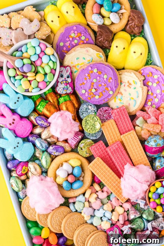 Colorful candies, cookies, and chocolates meticulously arranged on an Easter-themed charcuterie board, offering a visual feast.