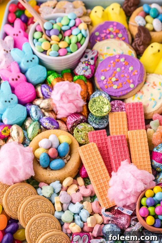 A beautifully assembled Easter charcuterie board with various sweets, showcasing different textures and colors for a festive treat.