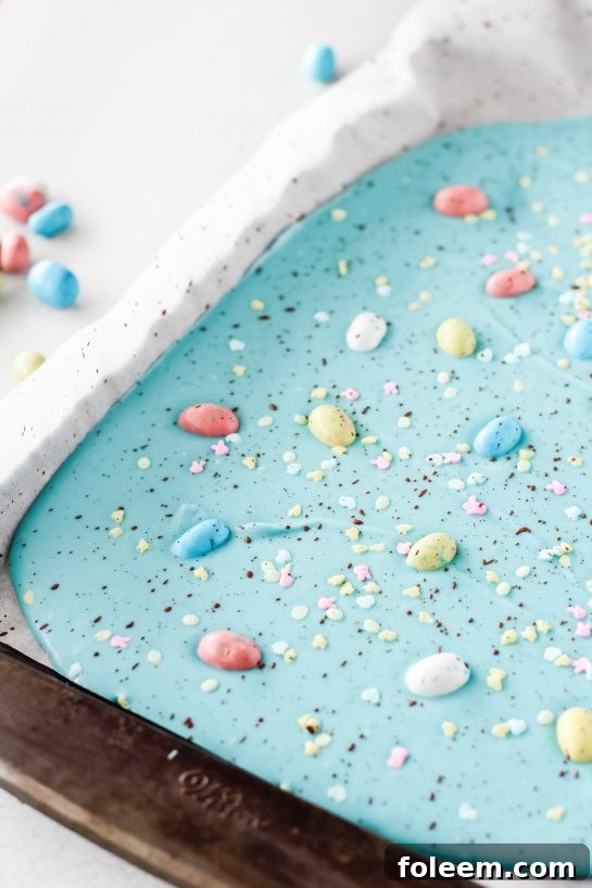 Placing the sprinkles and Robin Eggs onto the blue melting chocolate discs for the No-Bake Robin Egg Easter Bark recipe 