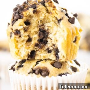 Quick and easy Banana Chocolate Chip Muffins recipe loaded with chocolate chips and fresh bananas. This warm treat can be enjoyed by your family on any given day and only requires a few easy ingredients.
