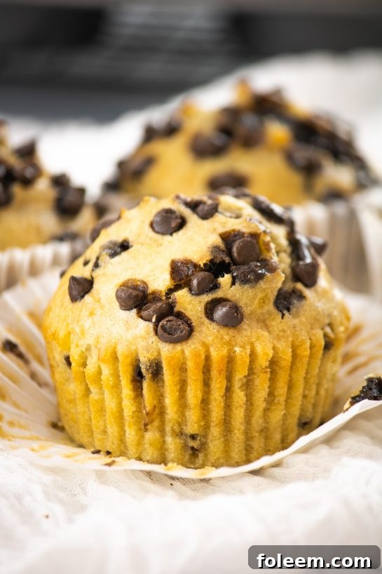 A stack of banana chocolate chip muffins, ready to be enjoyed.