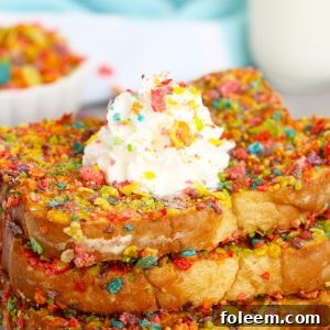 Easy Air Fryer Fruity Pebble French Toast with a sweet and crispy cereal coating, a fun twist on a favorite breakfast or brunch!