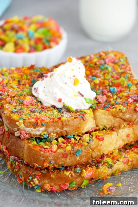 Close-up of golden-brown Air Fryer Fruity Pebble French Toast slices, fresh from the air fryer, showing the colorful cereal crust.