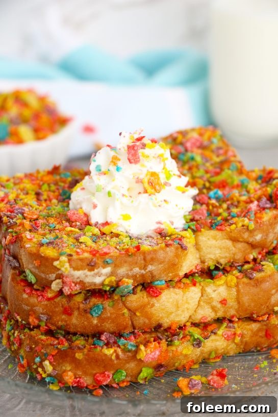 A stack of perfectly cooked Air Fryer Fruity Pebble French Toast, glistening with syrup, ready to be enjoyed as a delightful breakfast.
