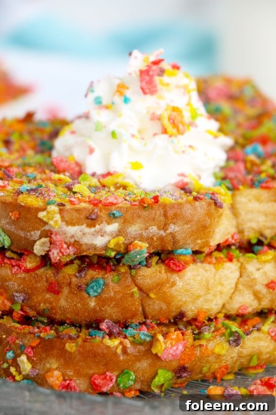 A beautifully arranged plate of Air Fryer Fruity Pebble French Toast, served with a side of maple syrup and possibly fresh fruit, showcasing its irresistible appeal.