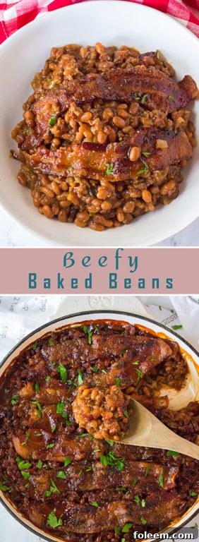 A vertically oriented image of Beefy Baked Beans in a large baking dish, showcasing the hearty texture and inviting warmth of the dish, ready for serving.