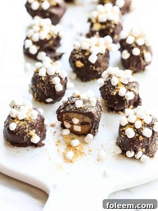 S'more Cookie Dough Truffles are an easy no-bake dessert candy. Features cookie dough with chocolate chips and mini marshmallows, rolled in crushed graham crackers, and dipped in melted chocolate for a campfire s'mores taste.