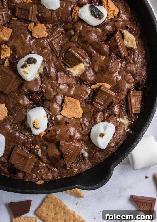 Indulge in this rich S'mores Brownie Skillet: gooey marshmallows, crunchy graham crackers, and melted chocolate baked into a fudgy brownie. A no-campfire treat best eaten with a spoon!