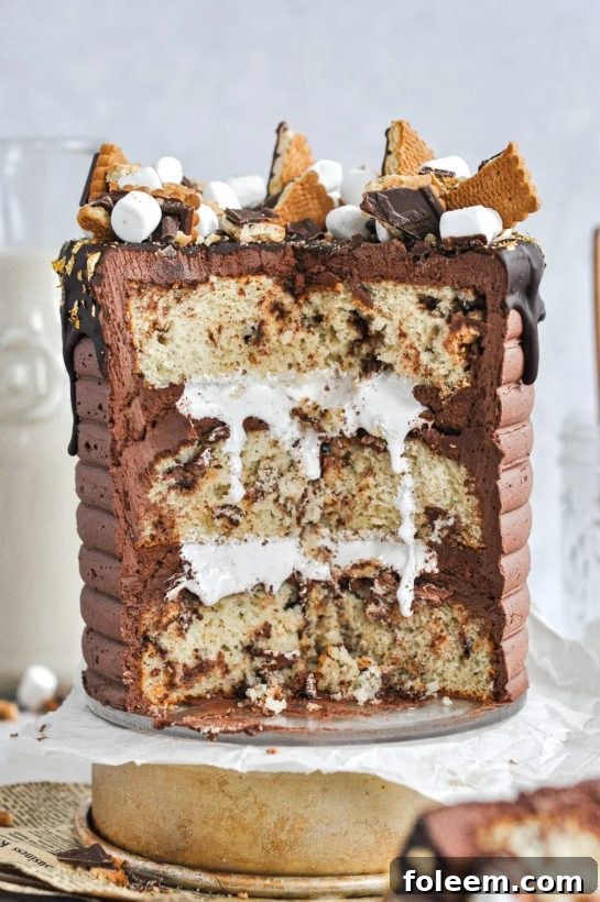 Easy and delicious, this S’Mores Cake is everything s’mores in a slice. Features a doctored cake mix with butter cookies, marshmallow fluff, and rich chocolate frosting!