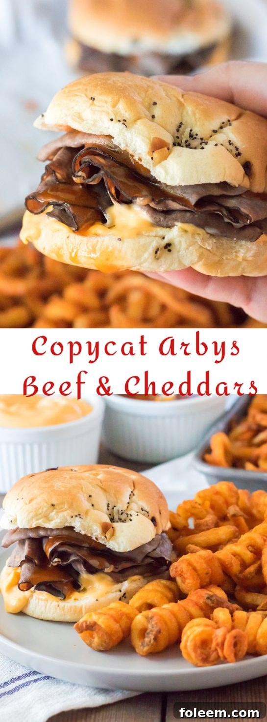 The ultimate homemade Arby's Beef & Cheddar sandwich, with a focus on the secret red sauce and rich cheddar.