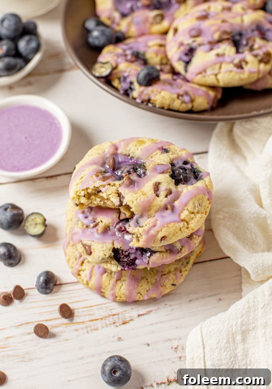Overhead shot of the Blueberry Chocolate Chip Cookies that are thick, soft, and chewy cookies, perfectly spiced and stuffed full of fresh blueberries, inviting you to take a bite.