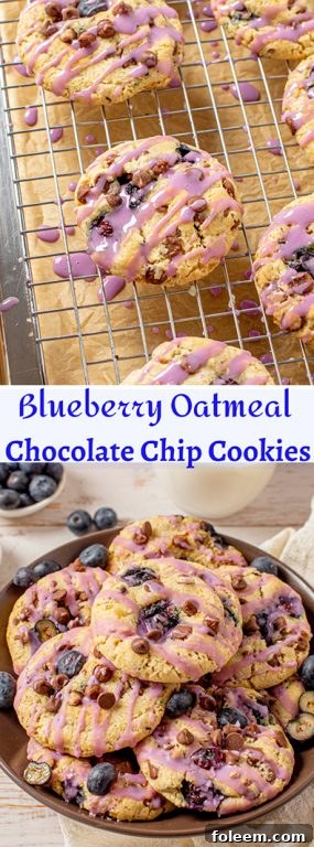 A close-up shot of irresistible Blueberry Chocolate Chip Cookies, featuring a luscious blueberry glaze and brimming with fresh blueberries, showcasing their thick, soft, and chewy texture.