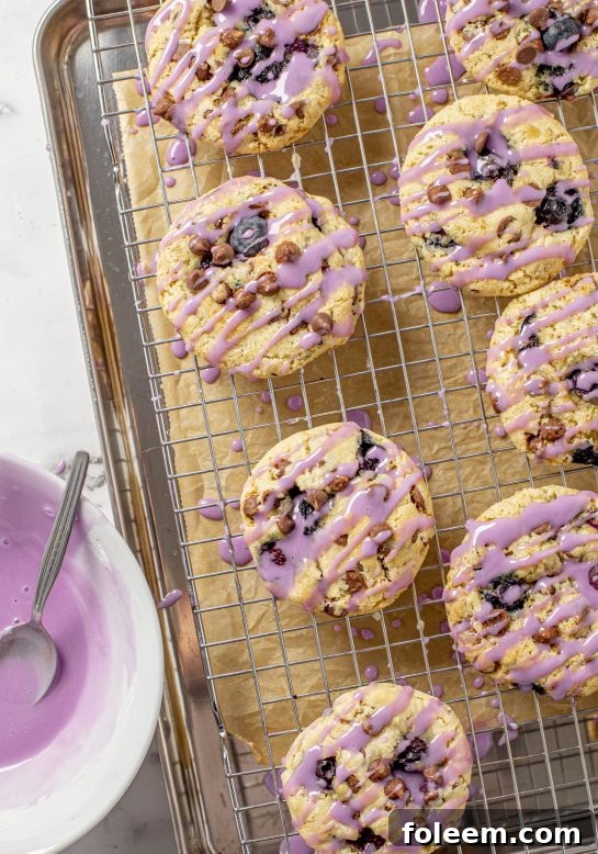 Blueberry Chocolate Chip Cookies are deliciously thick, soft, and chewy cookies that are perfectly spiced and stuffed full of fresh or frozen blueberries, enhanced with a tangy glaze.