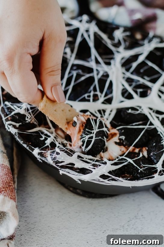 Spiderweb S'mores Dip with graham crackers, cookies, pretzels, and fruit for dipping, showcasing the versatile serving options for this fun Halloween treat