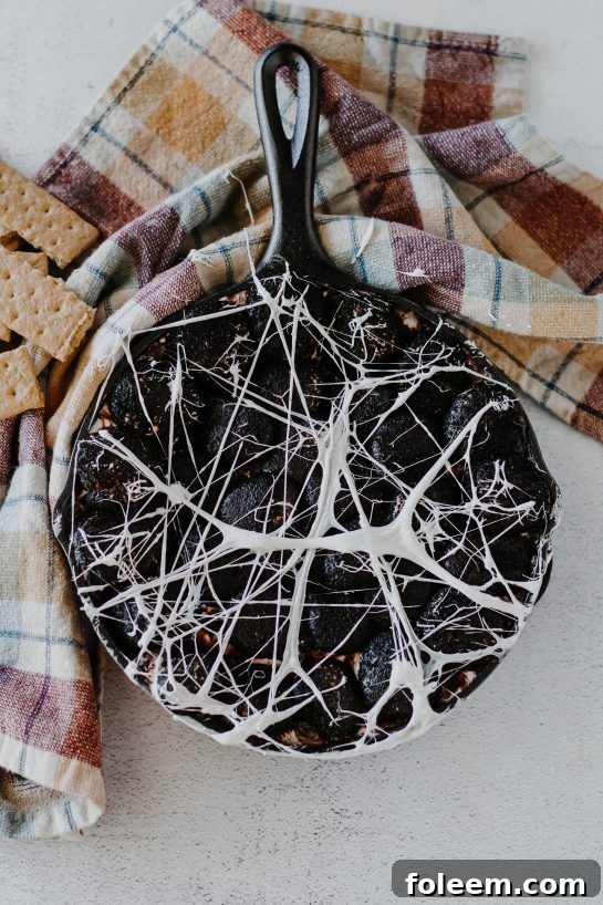 Overhead perspective of the Spiderweb S'mores Dip, a vibrant Halloween dessert with a clear view of the edible spiderweb, served in an iron skillet with various dippers