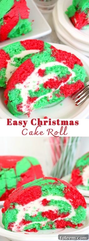 A beautifully presented Christmas Cake Roll, sliced to reveal its intricate red and green festive pattern and fluffy white frosting, ready for serving.