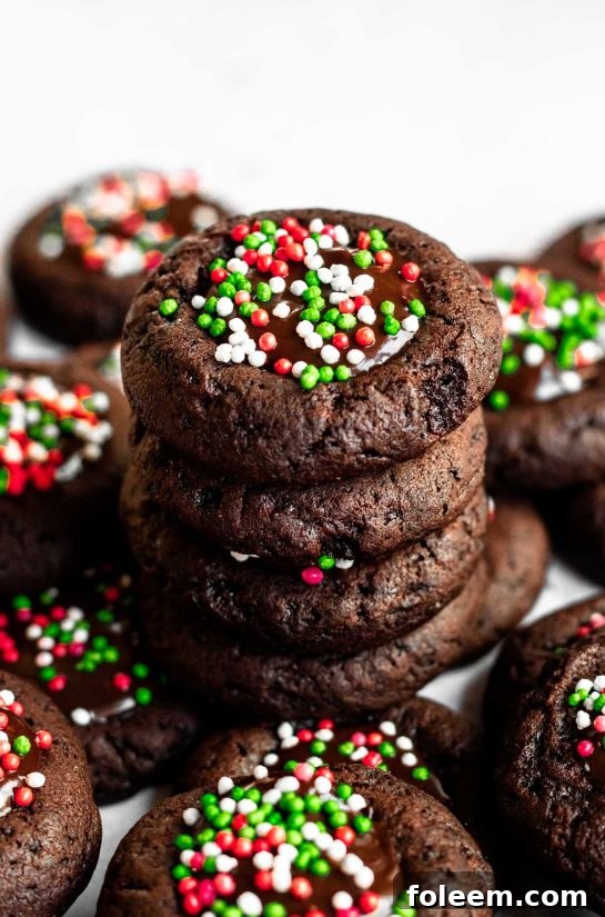 Double Chocolate Sprinkle Thumbprint Cookies recipe. Double the chocolate and add some colorful sprinkles to the mix for the perfect holiday cookie to share.