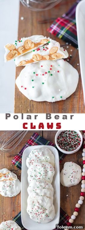 No-Bake Polar Bear Claws, a festive Christmas candy with white chocolate, caramel, and peanuts, topped with sprinkles.
