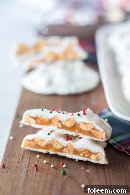 Easy, No-Bake Polar Bear Claws, a delicious Christmas treat with caramel, peanuts, white chocolate, and sprinkles.