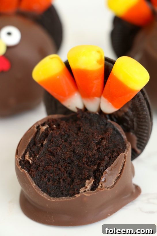 Decorating Turkey Cake Pops with candy eyes, noses, and feathers.