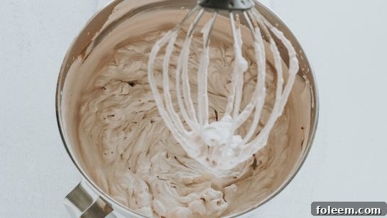Ingredients for creamy whipped hot chocolate being smoothly mixed in a stand mixer, showcasing the developing thick and airy texture.