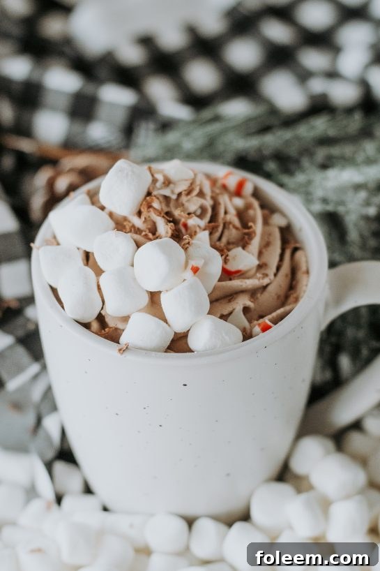 An overhead shot of a festive mug of whipped hot chocolate, generously garnished with holiday-themed toppings and placed on a rustic surface.
