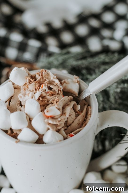 A close-up shot focusing on the decadent layers of whipped hot chocolate and its appealing toppings, inviting the viewer to take a sip.