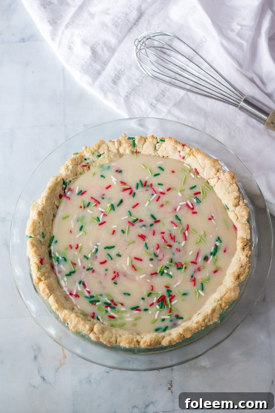 Overhead shot of the Christmas Sugar Cream Pie recipe ready to go in the oven
