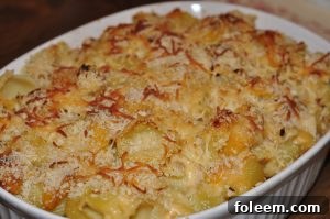 Creamy Baked Autumn Mac and Cheese with Butternut Squash, Brussels Sprouts, and Chicken