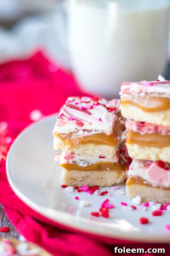 Close-up shot of the stacked and finished Valentine's Day Millionaire Bars recipe