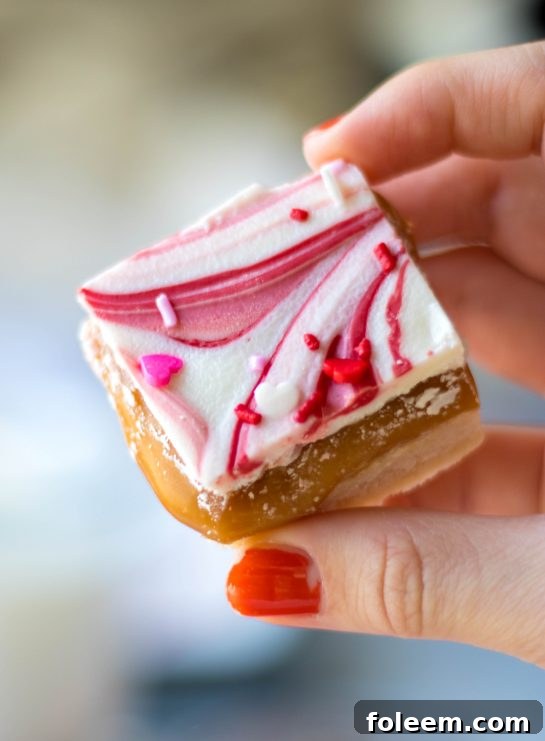 Close-up shot of the completed Valentine's Day Millionaire Bars recipe