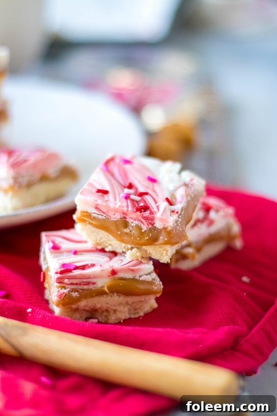 Close-up shot of the completed Valentine's Day Millionaire Bars recipe for the holiday