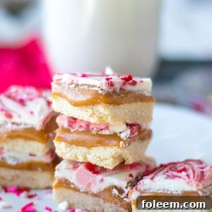 This recipe for Valentine's Day Millionaire Bars is always such a treat for the holiday. Perfect, buttery, tender shortbread is topped with a thick layer of gooey caramel and then topped off with a layer of chocolate and sprinkles.