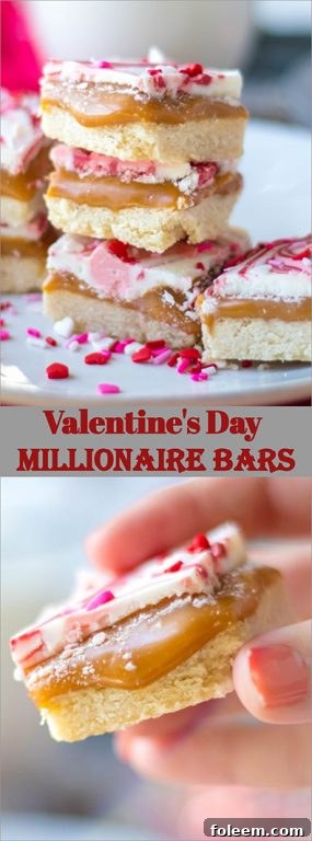This recipe for Valentine's Day Millionaire Bars is always such a treat for the holiday. Perfect, buttery, tender shortbread is topped with a thick layer of gooey caramel and then topped off with a layer of white chocolate and sprinkles.