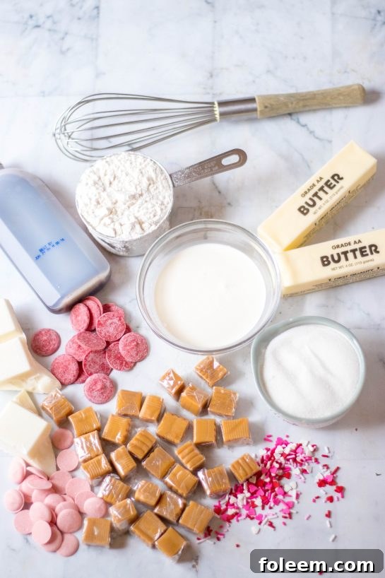 Ingredients needed to make the Valentine's Day Millionaire Bars recipe