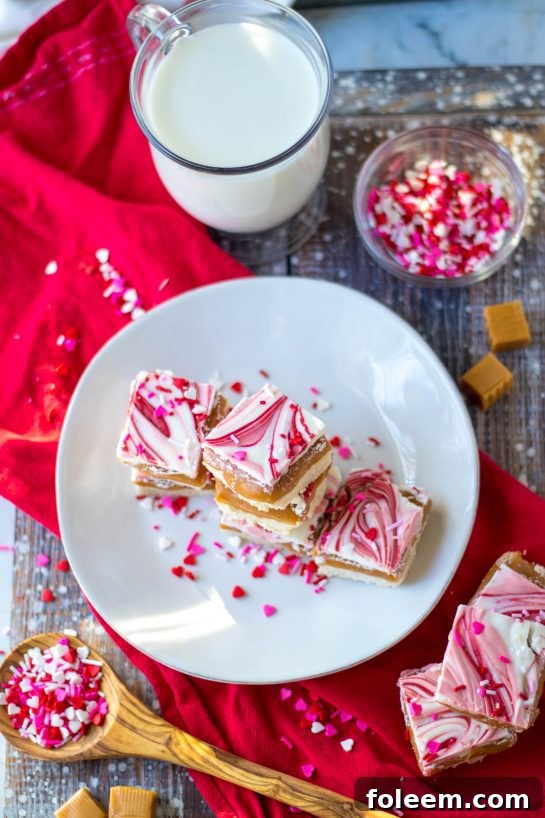 Overhead shot of the Valentine's Day Millionaire Bars recipe for any holiday.