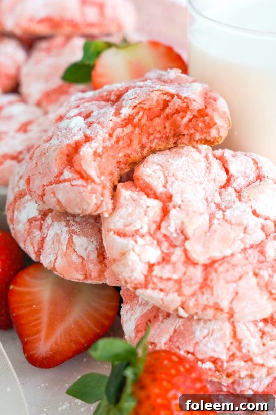 Close-up photo of the stacked Strawberry Crinkle Cookies recipe for Valentine's Day or any holiday dessert