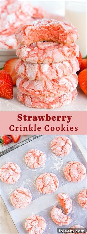 Strawberry Crinkle Cookies: a simple and delicious strawberry cookie recipe for Valentine's Day made with cake mix. If you're looking for the easiest cookie recipe on the planet, you found it! These cookies require just FIVE ingredients and come out perfectly soft.