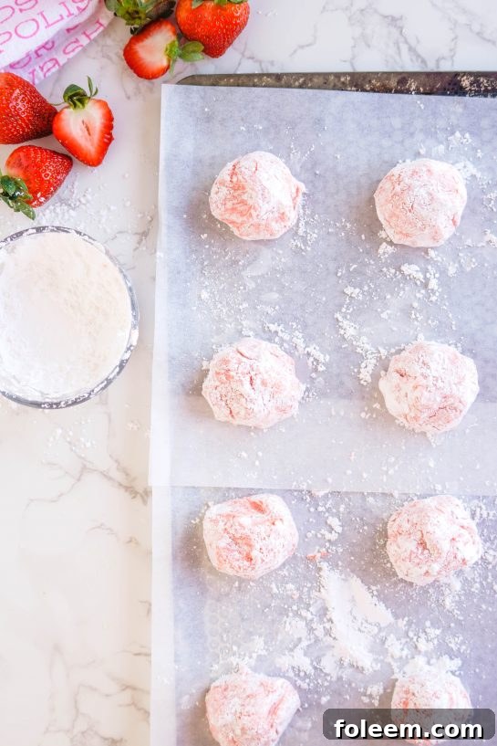 Strawberry Crinkle Cookies ready to go into the oven for Valentine's Day.