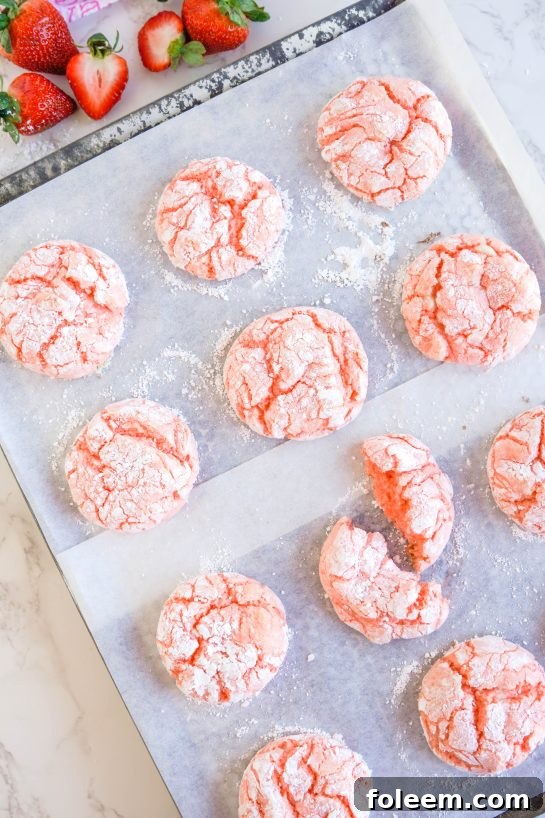 Strawberry Crinkle Cookies recipe fresh out of the oven for Valentine's Day.