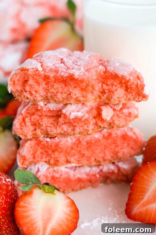 Close-up photo of the Strawberry Crinkle Cookies: a simple and delicious strawberry cookie recipe for Valentine's Day or any holiday made with cake mix. If you're looking for the easiest cookie recipe on the planet, you found it! These cookies require just FIVE ingredients and come out amazing every time.