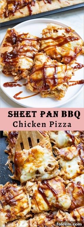 A delicious slice of Sheet Pan BBQ Chicken Pizza, showcasing its crispy crust and abundant, melty toppings, ready for a quick and easy meal.
