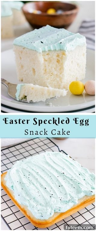 Close-up of the delightful Easter Speckled Egg Snack Cake with blue frosting and chocolate speckles on a dessert plate