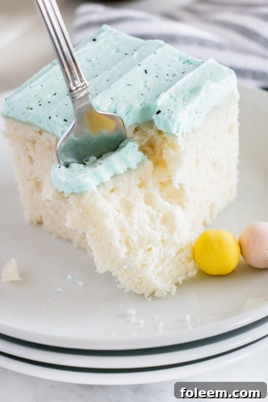 Close-up of the beautiful soft baby blue Easter Speckled Egg Snack Cake with delicate chocolate speckles