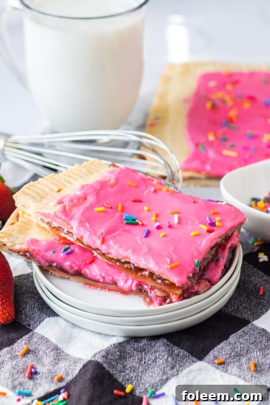 A beautifully decorated Sheet Pan Strawberry Poptart, sliced and ready to serve, adorned with vibrant rainbow sprinkles. Perfect for breakfast or dessert.