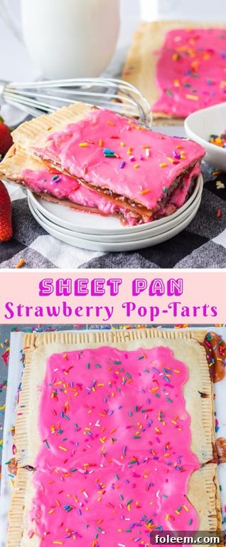 A smaller, vertical shot of Sheet Pan Strawberry Poptarts, emphasizing their ease and visual appeal.