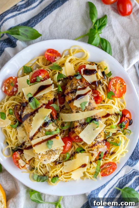 Bruschetta Chicken Pasta recipe with a simple but flavorful bruschetta, seasoned chicken, and balsamic glaze that brings the whole dish together. Easy dinner recipe!