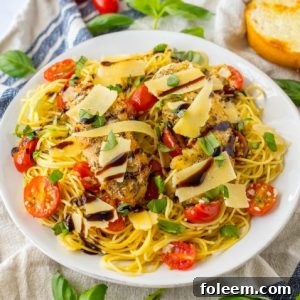 Bruschetta Chicken Pasta recipe with a simple but flavorful bruschetta, seasoned chicken, and balsamic glaze that brings the whole dish together. Light spring or summer dinner recipe!